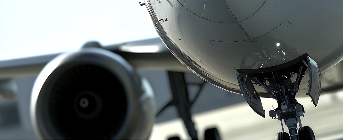 Nose landing gear and fuselage underside during aircraft inspection