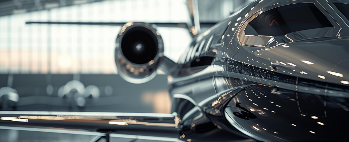 Luxury business jet inside a modern maintenance hangar