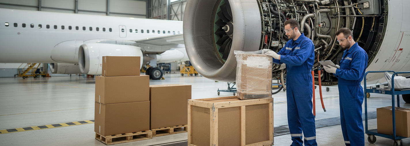 Maintenance crew checking aircraft parts in a hangar, focus on supply chain.