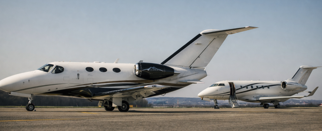 Two business aviation jets parked on an airport apron during peak operational season
